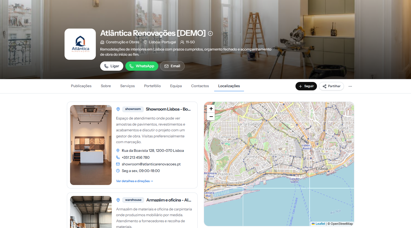 Página de localizações da Atlântica Renovações na bizhap, com morada e mapa