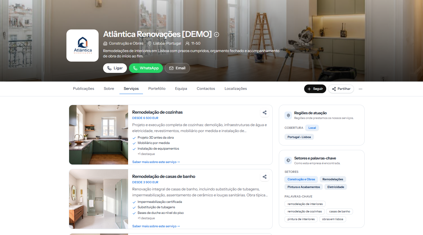 Página de serviços da Atlântica Renovações na bizhap, com preços e regiões de atuação